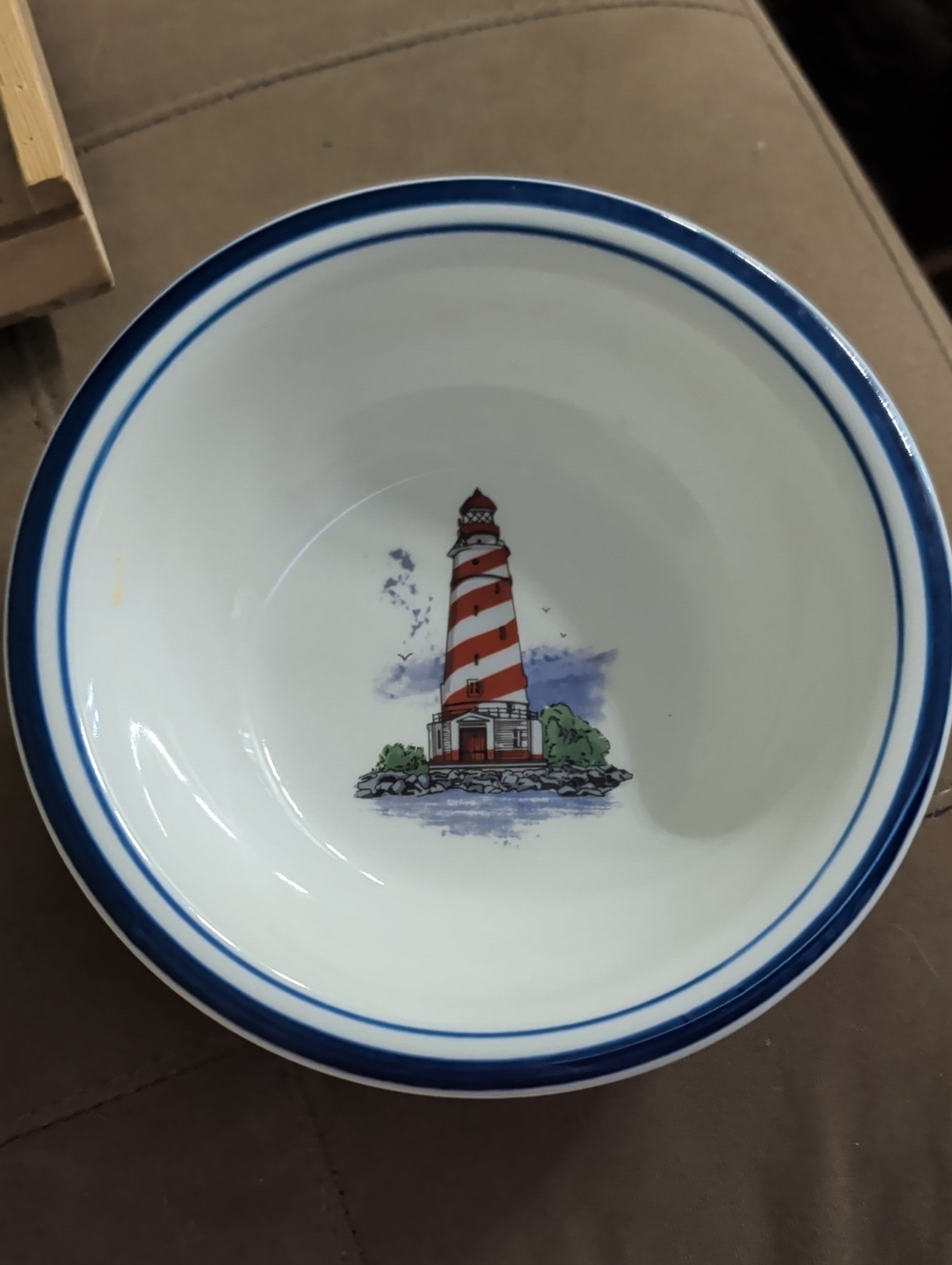 Libbey White Bowl with Blue Rim and Red Lighthouse Motif